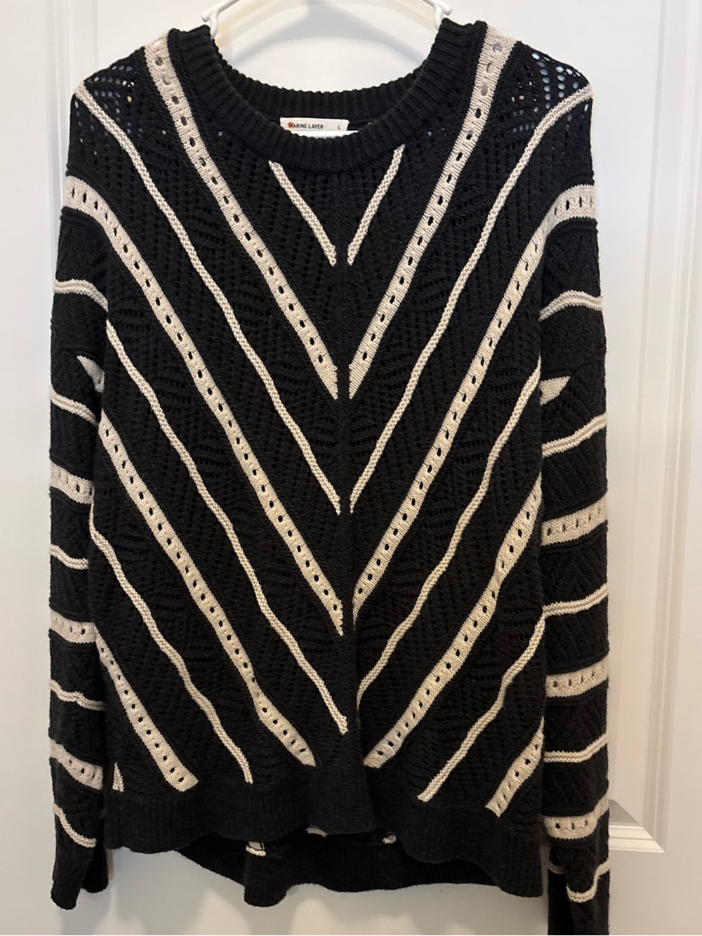 Marine Layer Black and Cream Chevron Crochet Crewneck Sweater